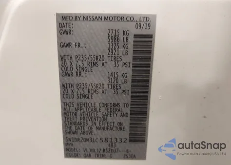 2020 Nissan Pathfinder Platinum 4Wd z USA, uszkodzony, nr VIN 5N1DR2DM3LC581332